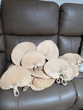 24 piece Handwoven Straw Fans - Natural Beige (Set)